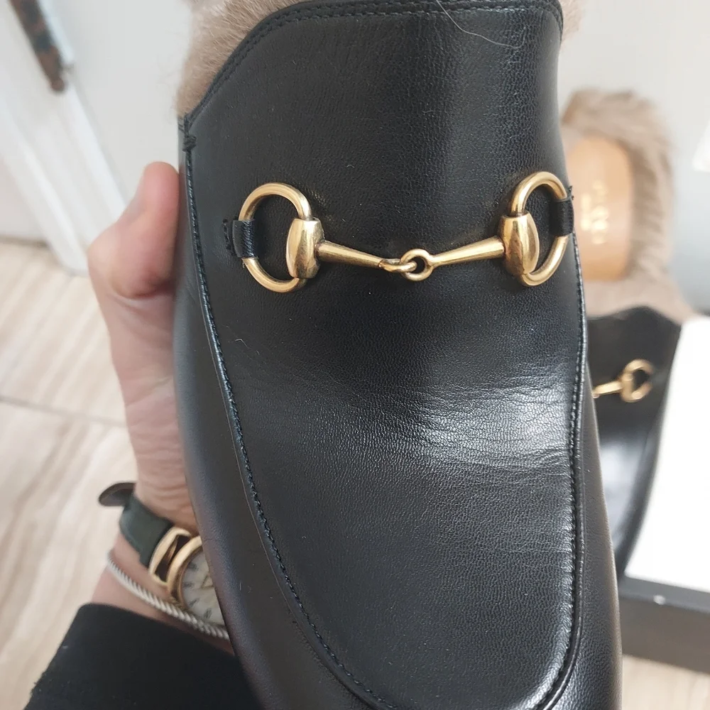 Gucci Black Princetown Fur Leather Malaga Canberra Heel Mule Slide - Picture 6 of 11